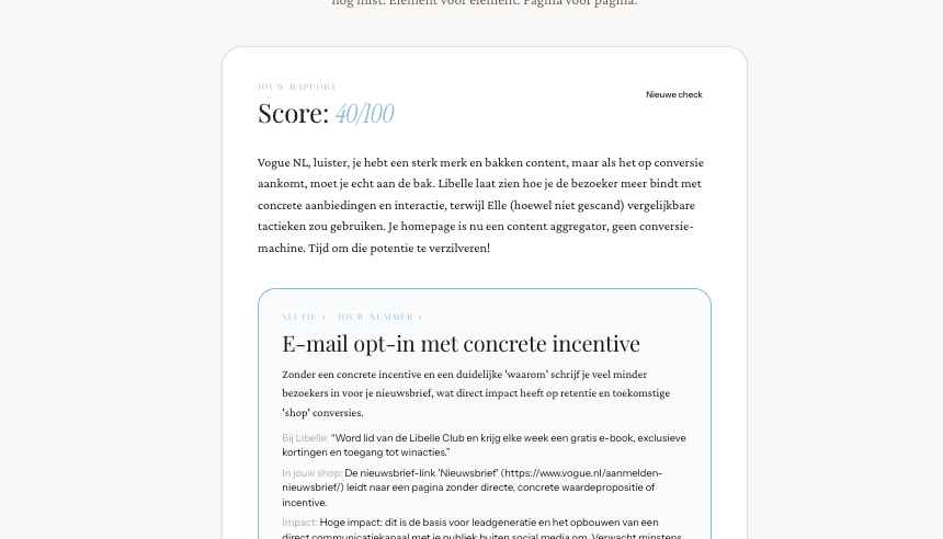Voorbeeldrapport met score en analyse
